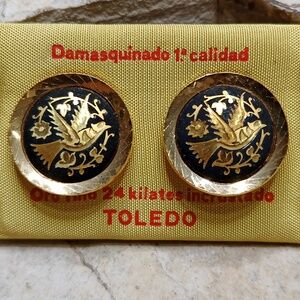 Vintage 24k Gold Plated Toledo Damascene Clip on Earrings